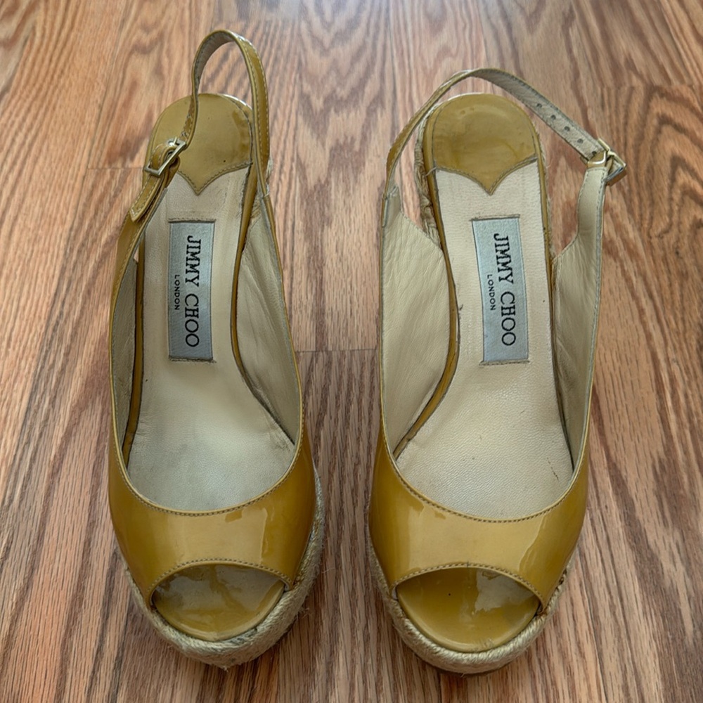 Jimmy Choo Patent Leather Vita Peep-Toe Slingback Sandals (Sand Yellow)- Size 37